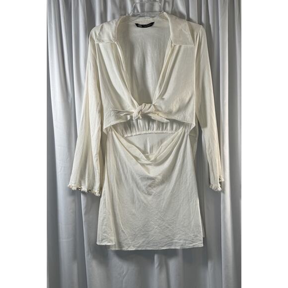 Zara Knotted Linen Blend Shell Sleeves Mini Dress, Cream, Sz: XL, 81-39 - Picture 12 of 16